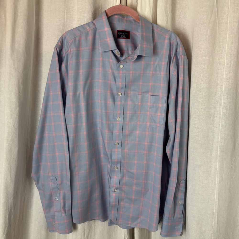 UNTUCKit Wrinkle Free Cotton Plaid Blue Pink Button Front Shirt Sz Large L